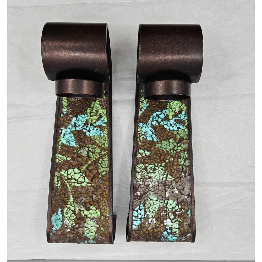 Mosaic Glass Leaf Wall Sconce Pair Bronze Metal Teal Green Votive Candle Holder